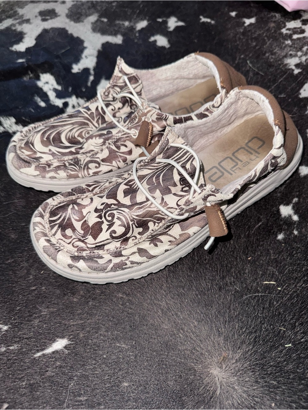 Hey Dude Womens Floral Print Slip-On Sneakers in Cream and Brown